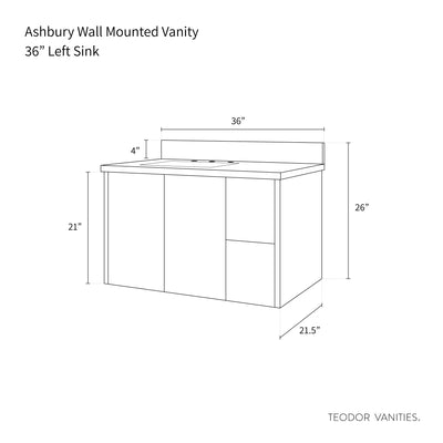 Ashbury 36" Wall Mount Natural White Oak Bathroom Vanity, Left Sink