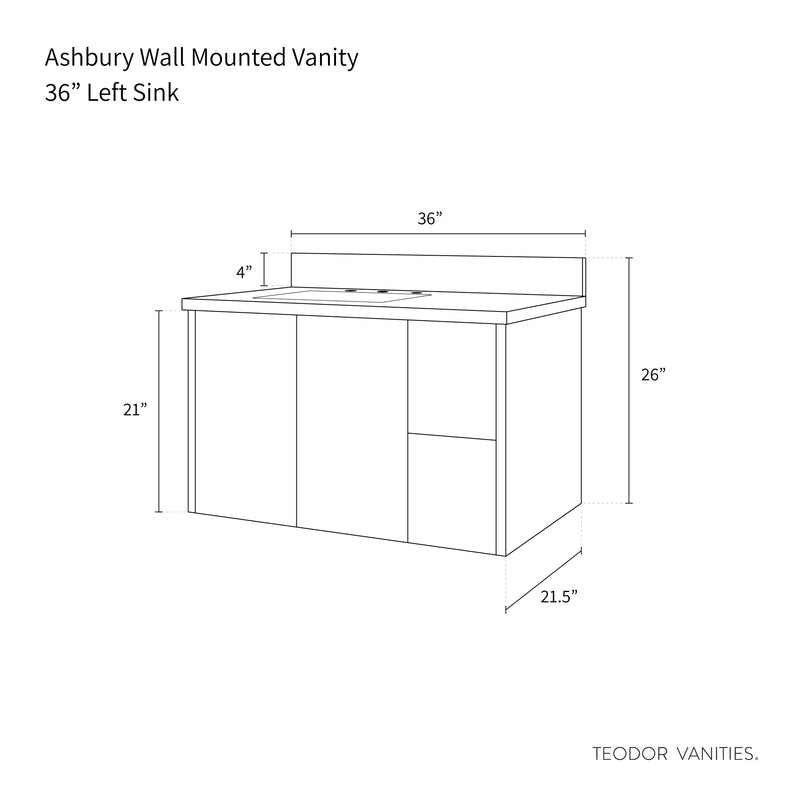 Ashbury 36" Wall Mount Natural White Oak Bathroom Vanity, Left Sink