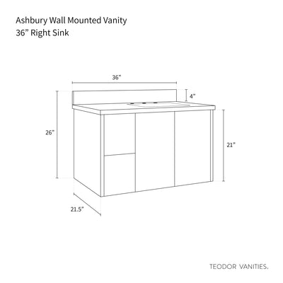 Ashbury 36" Wall Mount Natural White Oak Bathroom Vanity, Right Sink