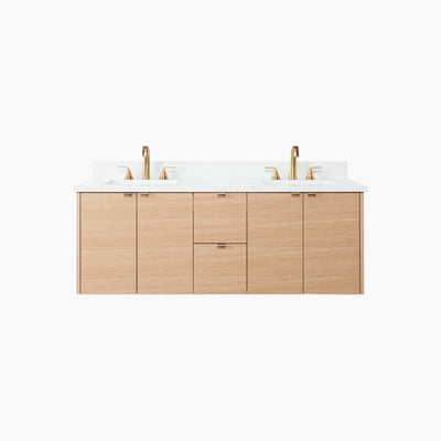 Ashbury 60" Wall Mount Natural White Oak Bathroom Vanity, Double Sink