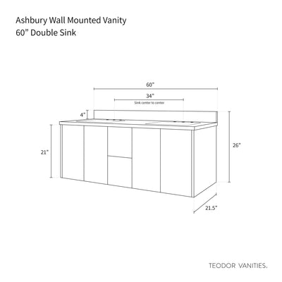 Ashbury 60" Wall Mount Natural White Oak Bathroom Vanity, Double Sink