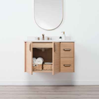 Ashbury 36" Wall Mount Natural White Oak Bathroom Vanity, Left Sink