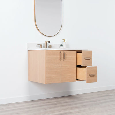 Ashbury 36" Wall Mount Natural White Oak Bathroom Vanity, Left Sink