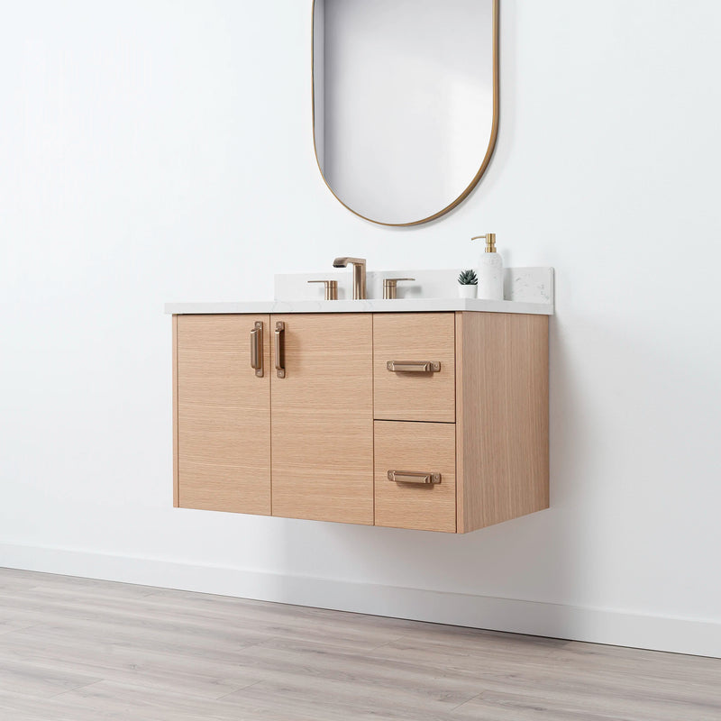 Ashbury 36" Wall Mount Natural White Oak Bathroom Vanity, Left Sink