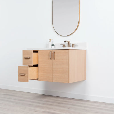 Ashbury 36" Wall Mount Natural White Oak Bathroom Vanity, Right Sink