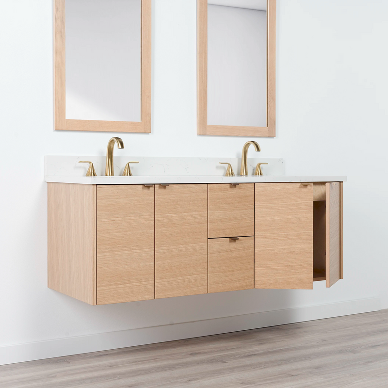 Ashbury 60" Wall Mount Natural White Oak Bathroom Vanity, Double Sink