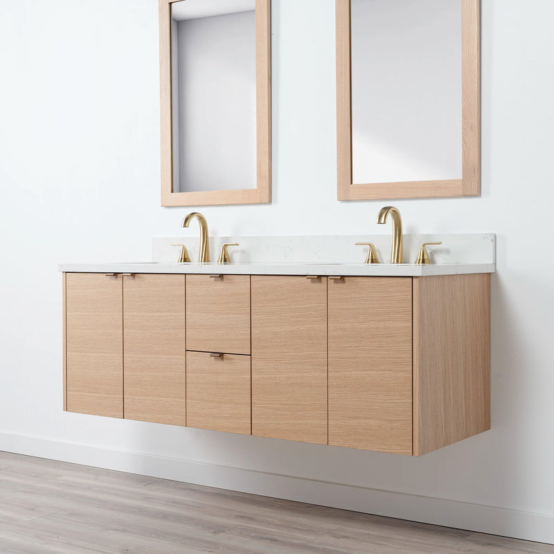 Ashbury 60" Wall Mount Natural White Oak Bathroom Vanity, Double Sink