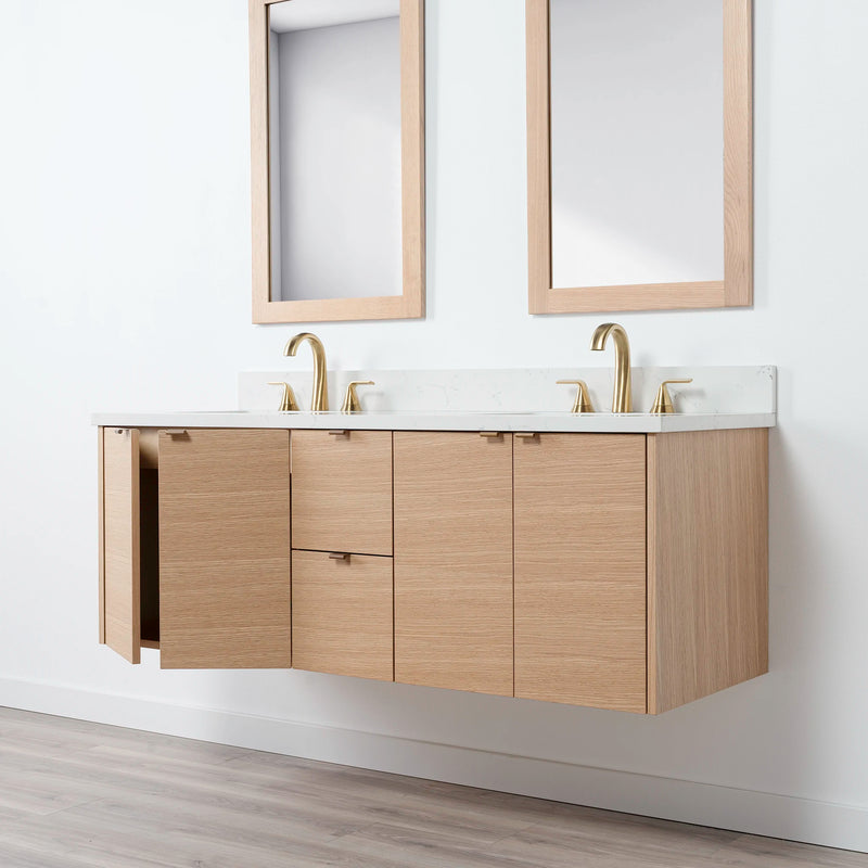 Ashbury 60" Wall Mount Natural White Oak Bathroom Vanity, Double Sink