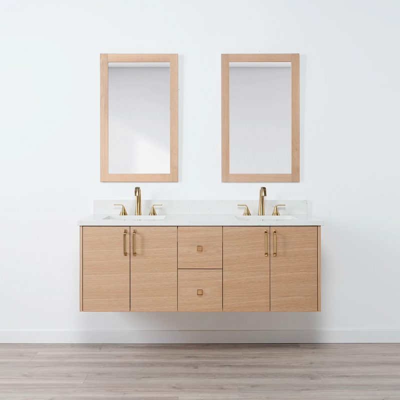 Ashbury 60" Wall Mount Natural White Oak Bathroom Vanity, Double Sink