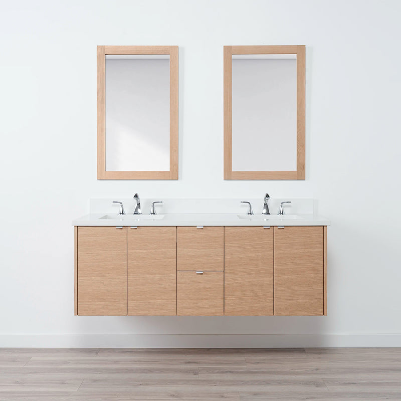 Ashbury 60" Wall Mount Natural White Oak Bathroom Vanity, Double Sink