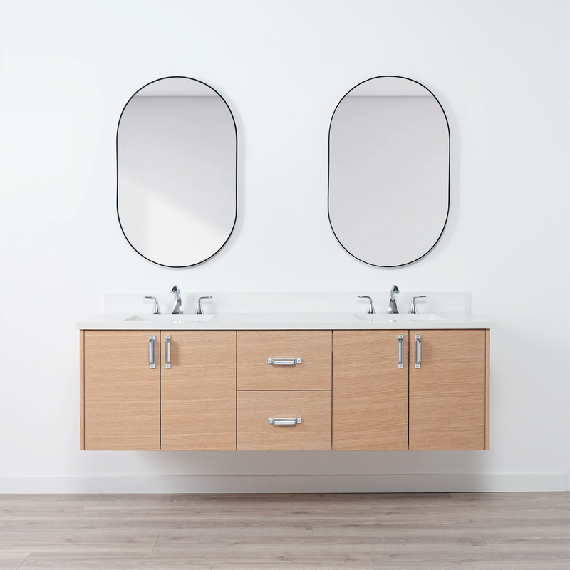 Ashbury 72" Wall Mount Natural White Oak Bathroom Vanity, Double Sink