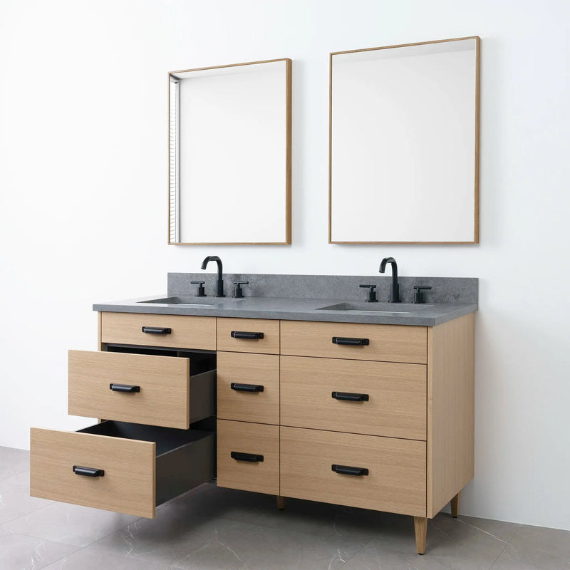 Asher 60" Natural White Oak Bathroom Vanity, Double Sink