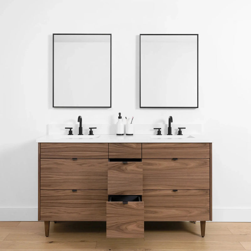 Asher SLIM 60" American Black Walnut Bathroom Vanity, Double Sink