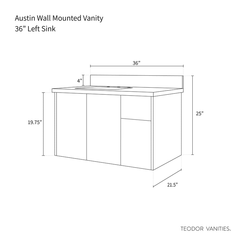 Austin 36" Wall Mount American Black Walnut Bathroom Vanity, Left Sink