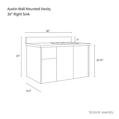 Austin 36" Wall Mount American Black Walnut Bathroom Vanity, Right Sink
