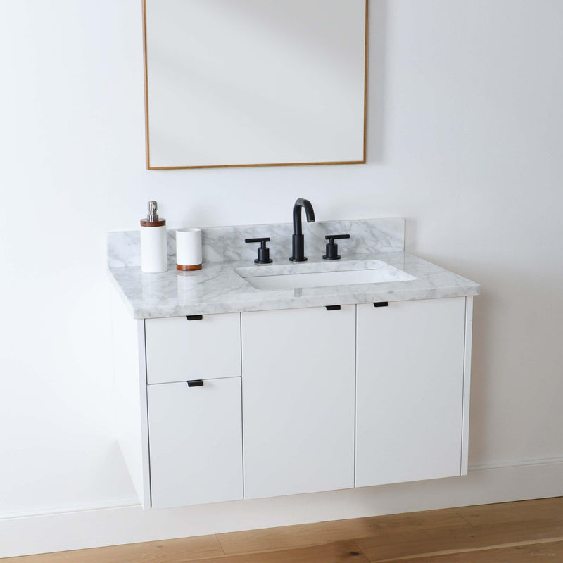 Austin 36" Wall Mount Gloss White Bathroom Vanity, Right Sink - Teodor Vanities United States