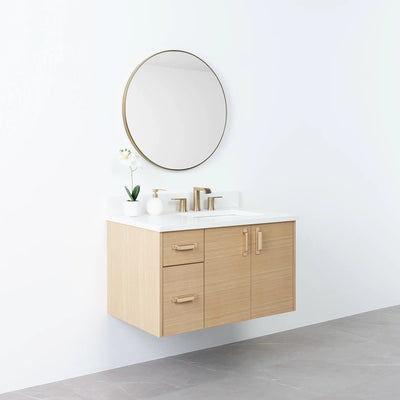 Austin 36" Wall Mount Natural White Oak Bathroom Vanity, Right Sink