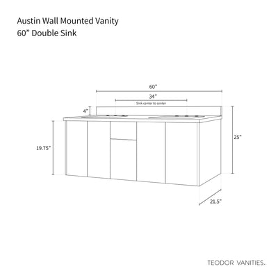 Austin 60" Wall Mount American Black Walnut Bathroom Vanity, Double Sink - Teodor Vanities United States