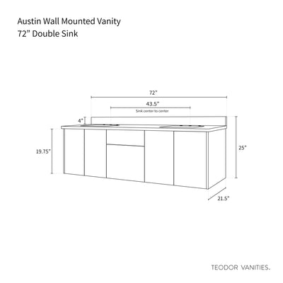 Austin 72", Teodor® Modern Wall Mount American Black Walnut Vanity, Double Sink