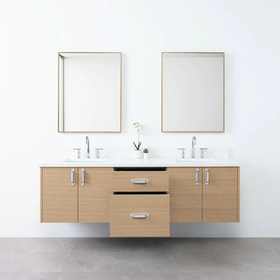Austin 72" Wall Mount Natural White Oak Bathroom Vanity, Double Sink