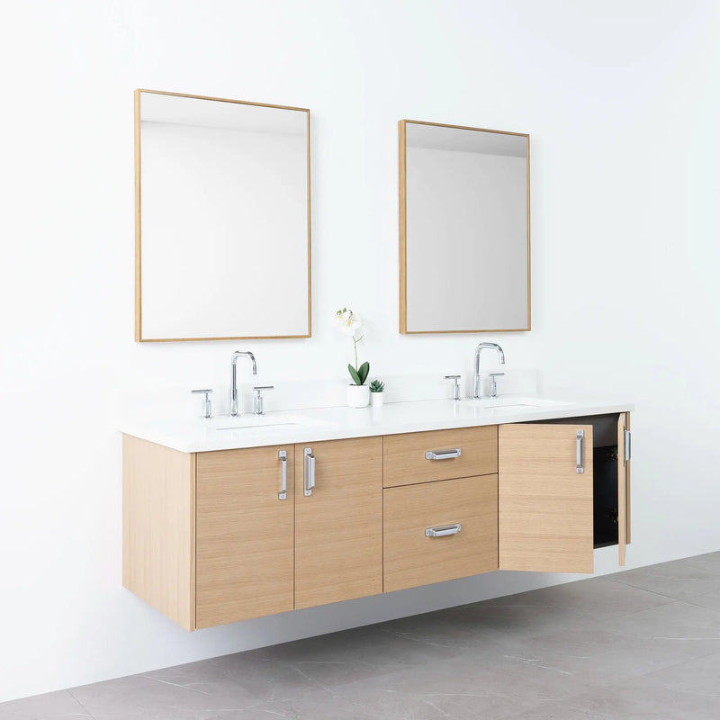 Austin 72" Wall Mount Natural White Oak Bathroom Vanity, Double Sink