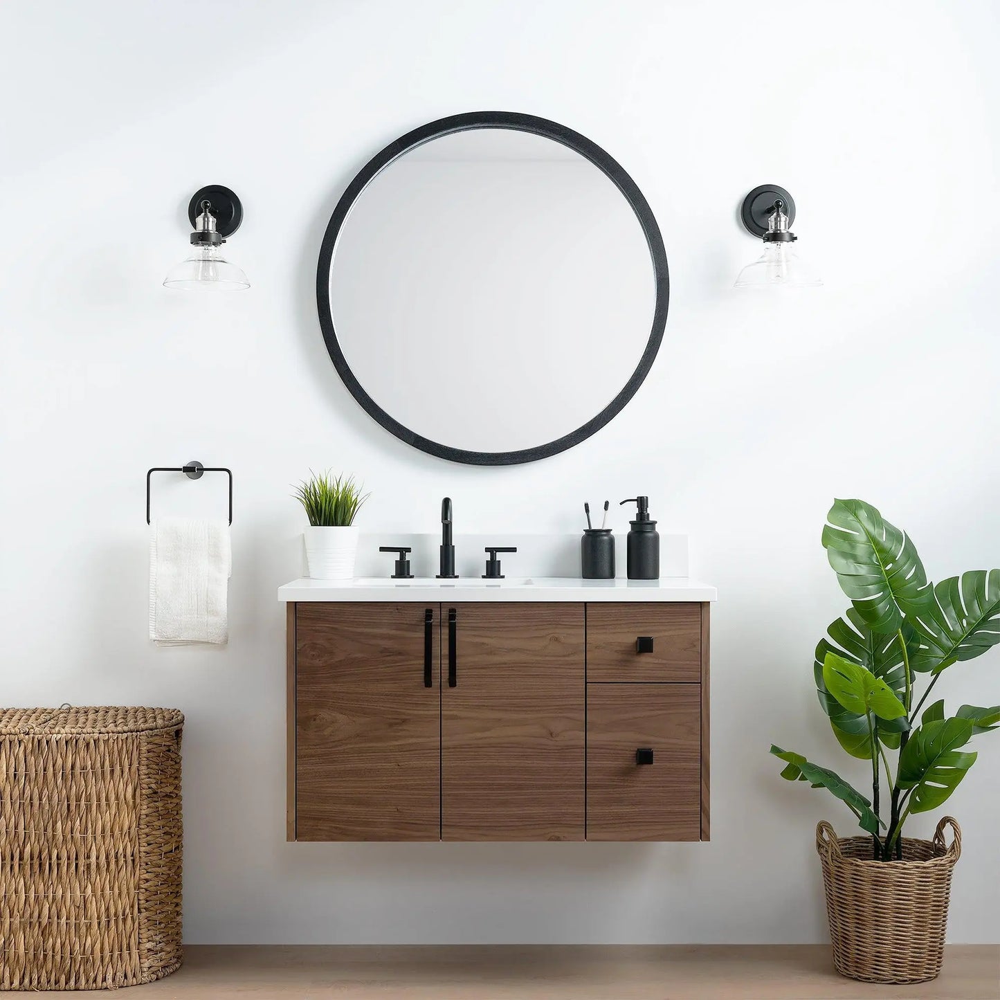 Austin SLIM 36" Wall Mount American Black Walnut Bathroom Vanity, Left Sink - Teodor Vanities United States