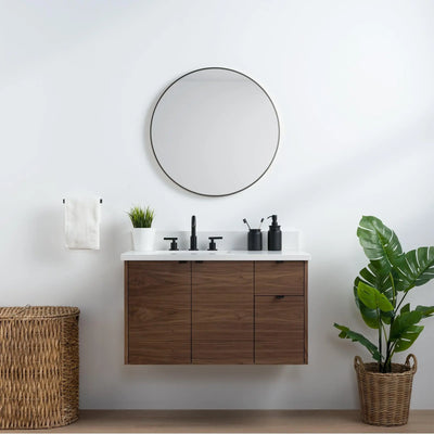 Austin SLIM 36" Wall Mount American Black Walnut Bathroom Vanity, Left Sink - Teodor Vanities United States