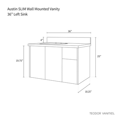 Austin SLIM 36" Wall Mount American Black Walnut Bathroom Vanity, Left Sink - Teodor Vanities United States