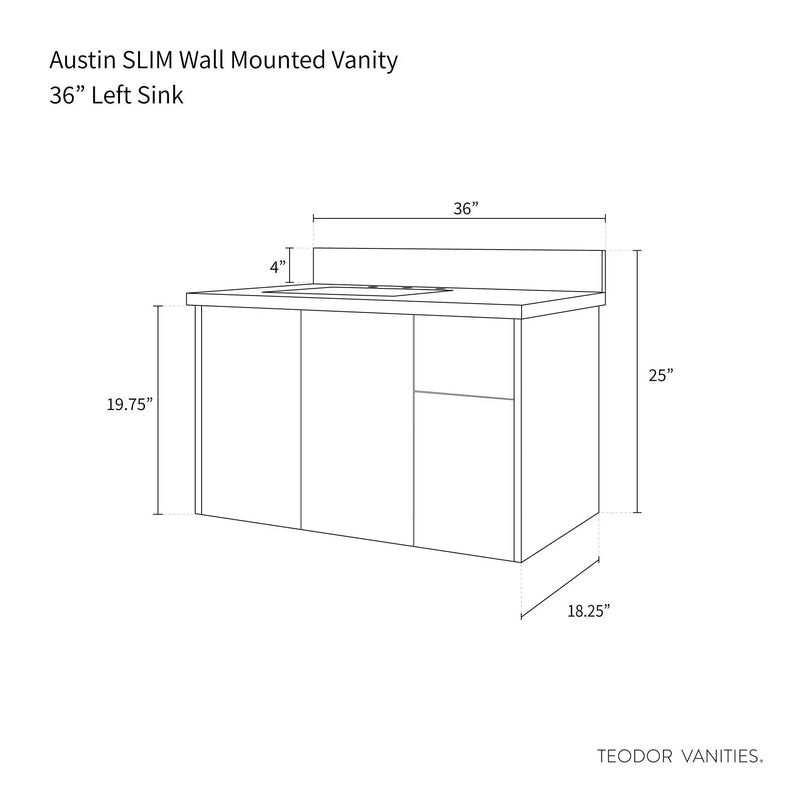 Austin SLIM 36" Wall Mount American Black Walnut Bathroom Vanity, Left Sink