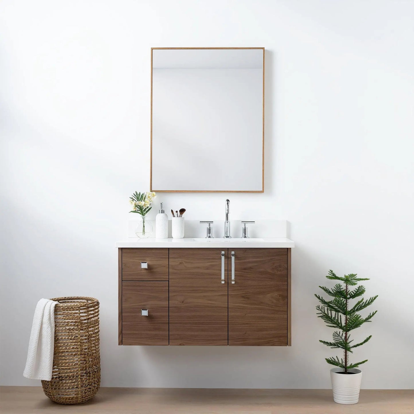 Austin SLIM 36" Wall Mount American Black Walnut Bathroom Vanity, Right Sink - Teodor Vanities United States