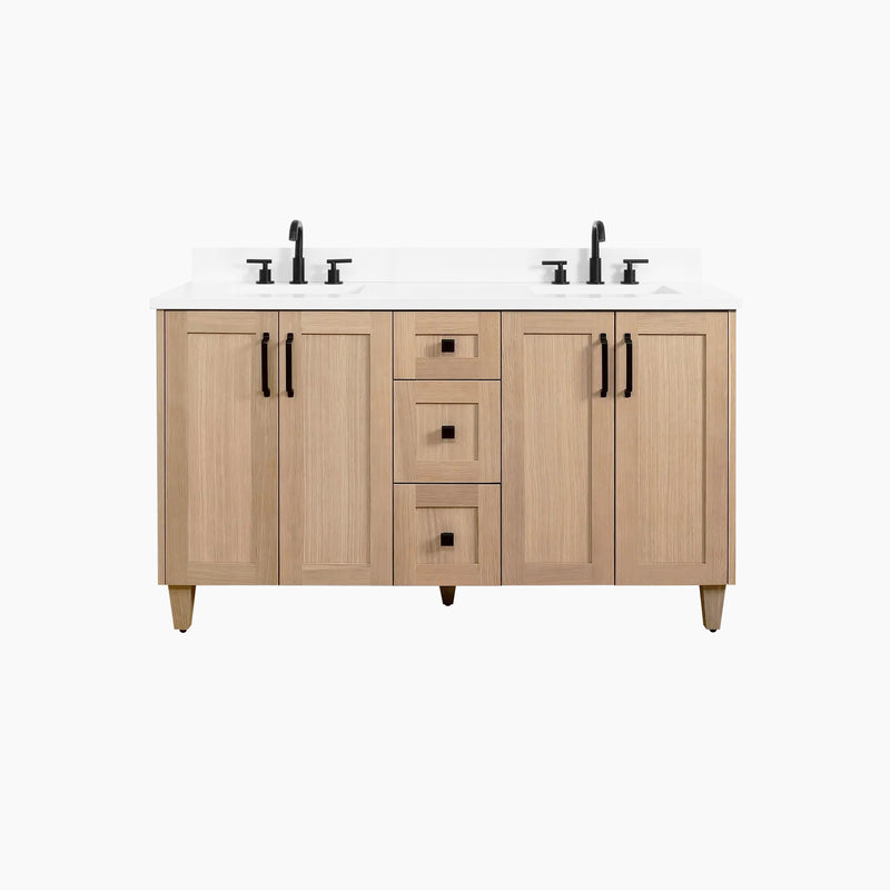 Bridgeport 60" White Oak Bathroom Vanity, Double Sink