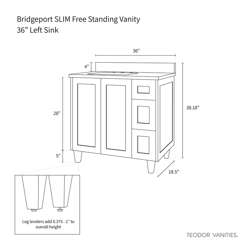 Bridgeport SLIM 36" Satin White Bathroom Vanity, Left Sink - Teodor Vanities United States