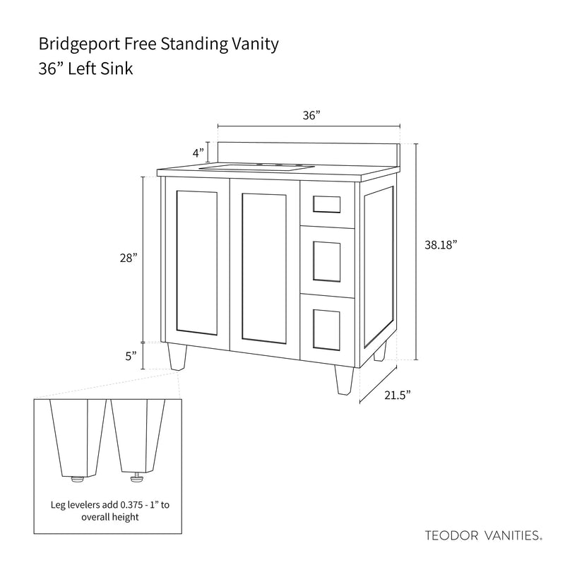 Bridgeport 36" Satin White Bathroom Vanity, Left Sink - Teodor Vanities United States