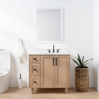 Bridgeport 36" White Oak Bathroom Vanity, Right Sink
