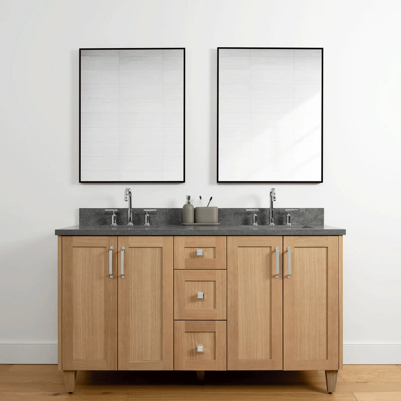 Bridgeport 60" White Oak Bathroom Vanity, Double Sink