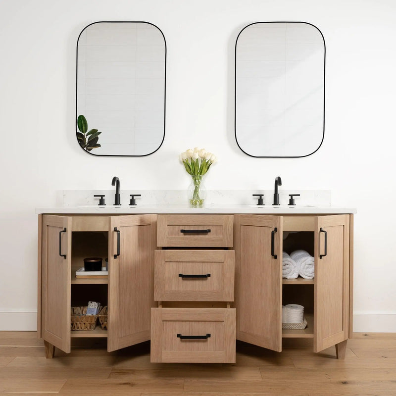 Bridgeport 72" White Oak Bathroom Vanity, Double Sink