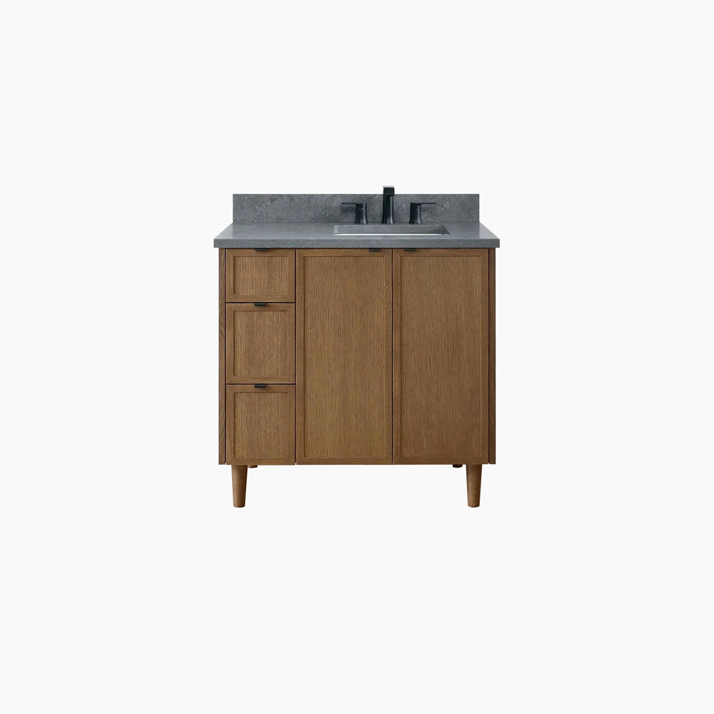 Cape Breton 36" Mid Century Oak Bathroom Vanity, Right Sink