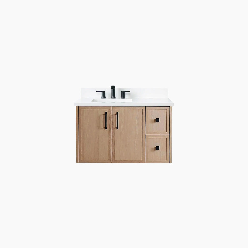 Cape Breton 36" Wall Mount White Oak Bathroom Vanity, Left Sink