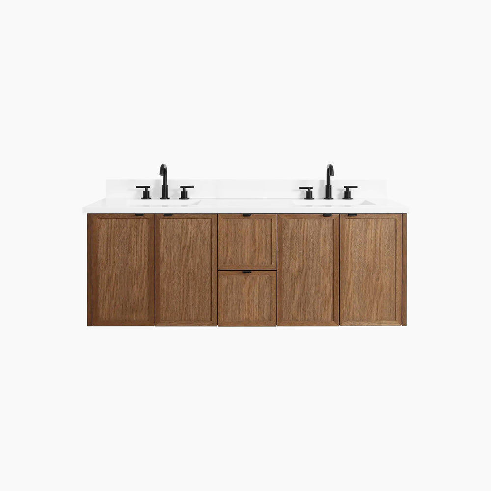 
                  
                    Cape Breton 60" Wall Mount Mid Century Oak Bathroom Vanity, Double Sink
                  
                