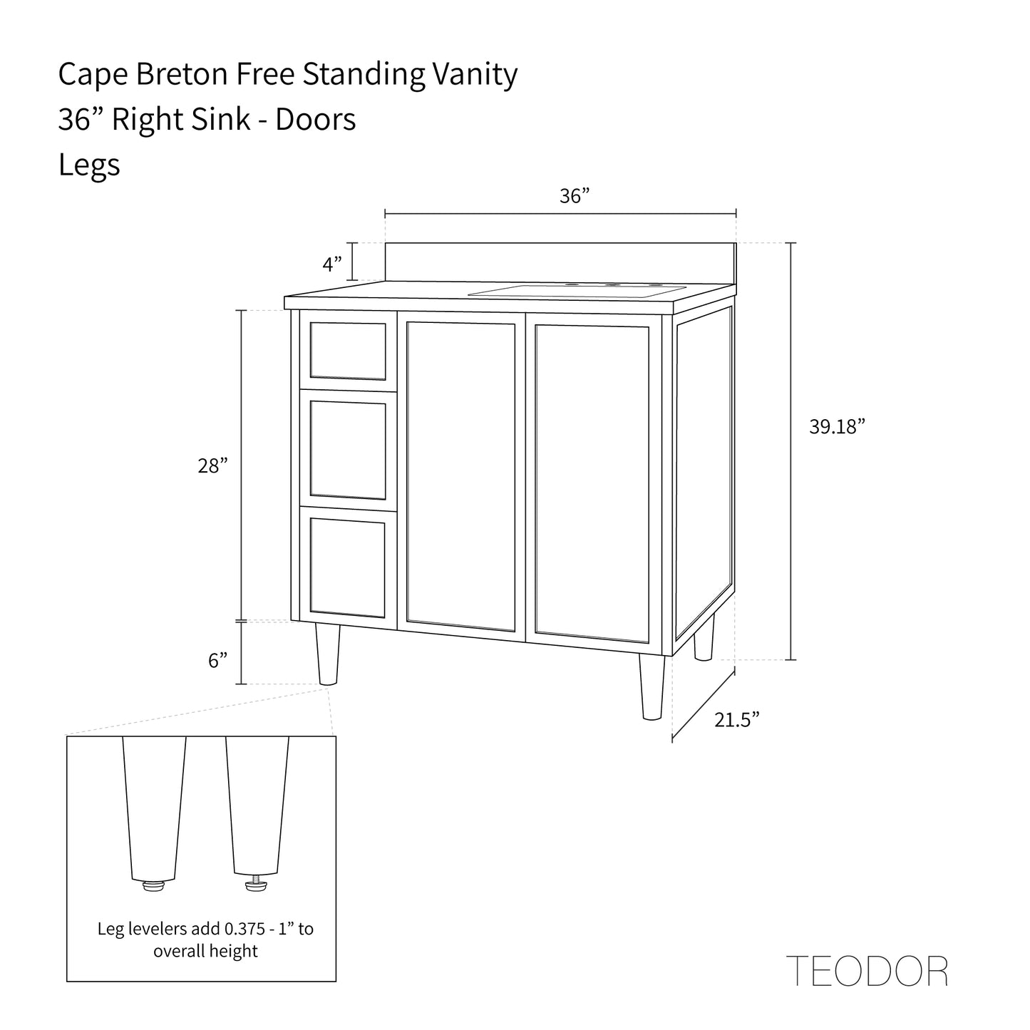 
                  
                    Cape Breton 36" Mid Century Oak Bathroom Vanity, Right Sink - Teodor Vanities United States
                  
                