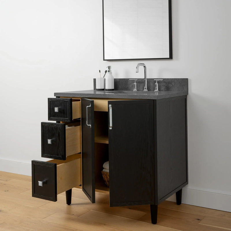 Cape Breton 36" Blackened Oak Bathroom Vanity, Right Sink - Teodor Vanities United States