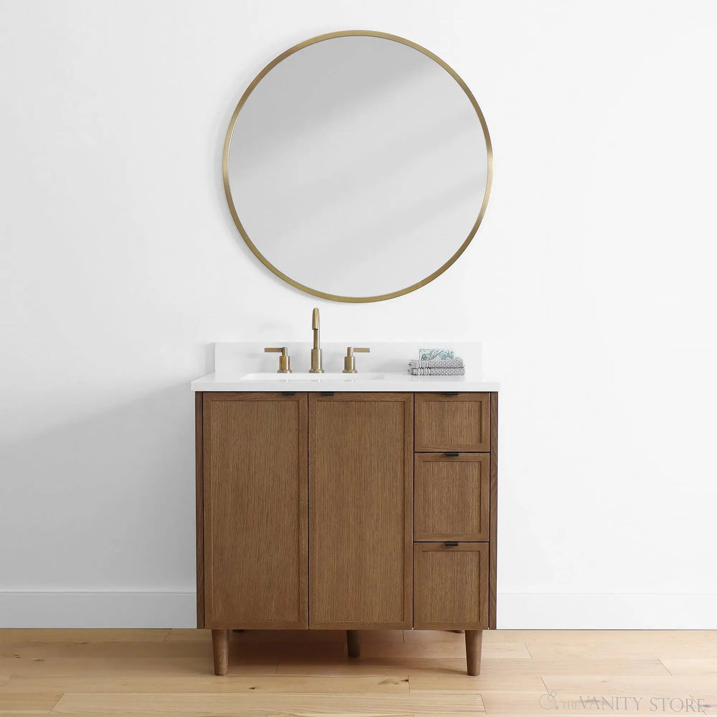 Cape Breton 36" Mid Century Oak Bathroom Vanity, Left Sink - Teodor Vanities United States