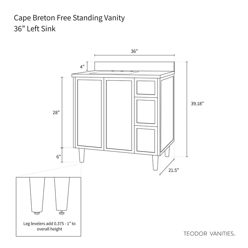 Cape Breton 36" Satin White Bathroom Vanity, Left Sink - Teodor Vanities United States