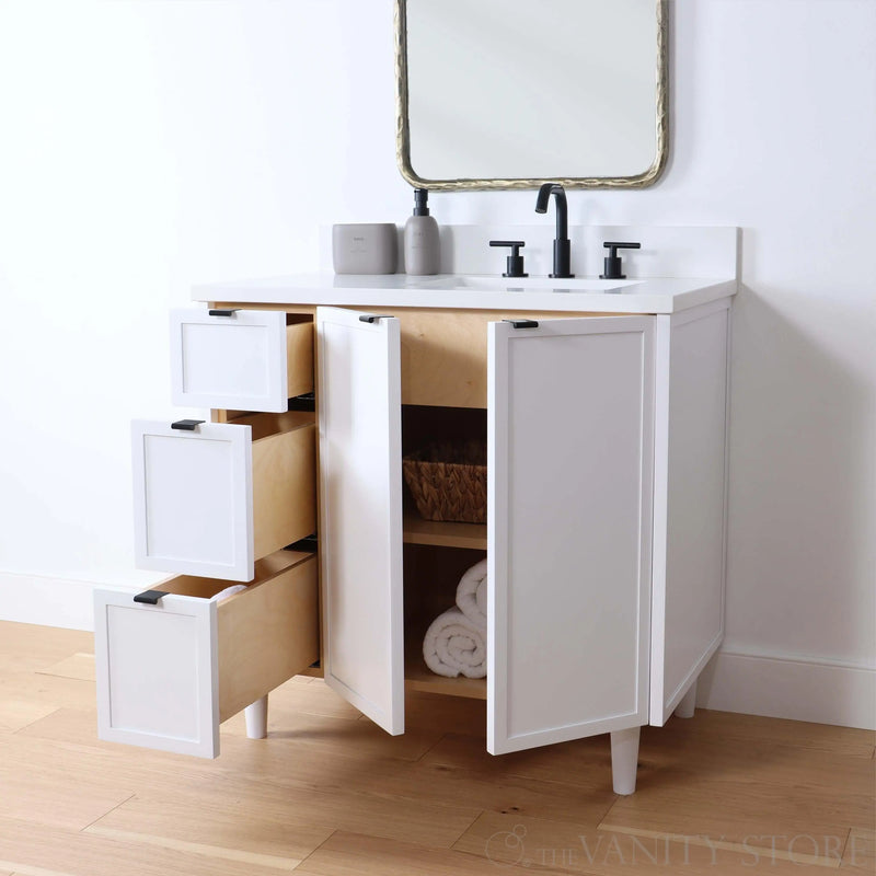 Cape Breton 36" Satin White Bathroom Vanity, Right Sink - Teodor Vanities United States