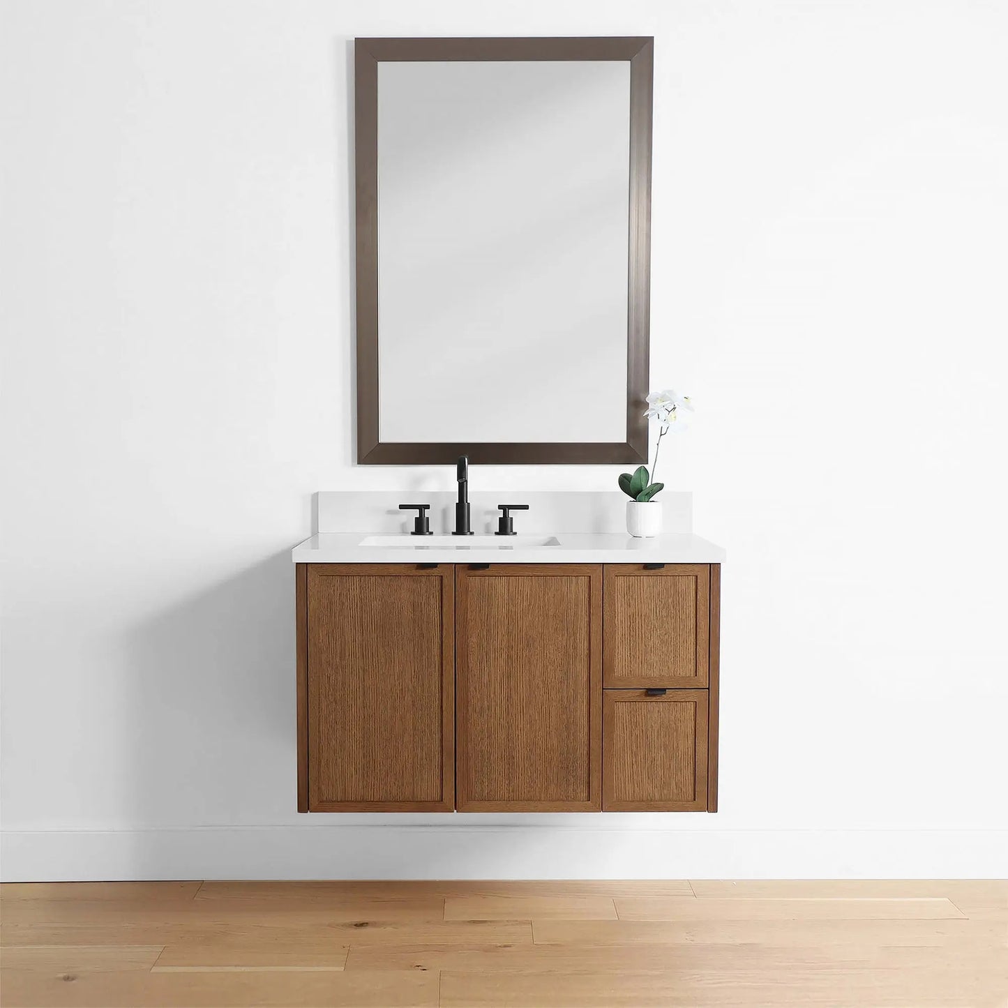 Cape Breton 36" Wall Mount Mid Century Oak Bathroom Vanity, Left Sink - Teodor Vanities United States