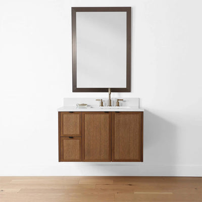 Cape Breton 36" Wall Mount Mid Century Oak Bathroom Vanity, Right Sink - Teodor Vanities United States