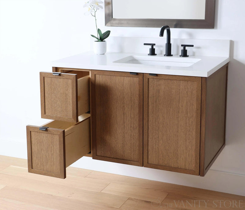 Cape Breton 36" Wall Mount Mid Century Oak Bathroom Vanity, Right Sink - Teodor Vanities United States