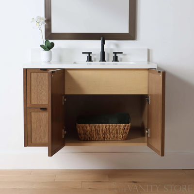 Cape Breton 36" Wall Mount Mid Century Oak Bathroom Vanity, Right Sink - Teodor Vanities United States