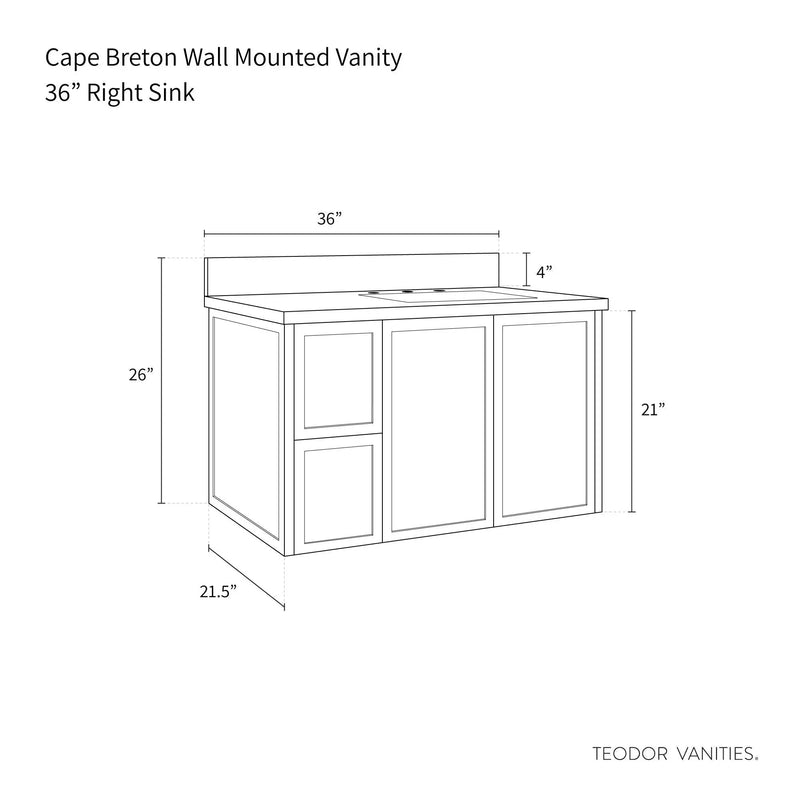 Cape Breton 36" Wall Mount Mid Century Oak Bathroom Vanity, Right Sink - Teodor Vanities United States