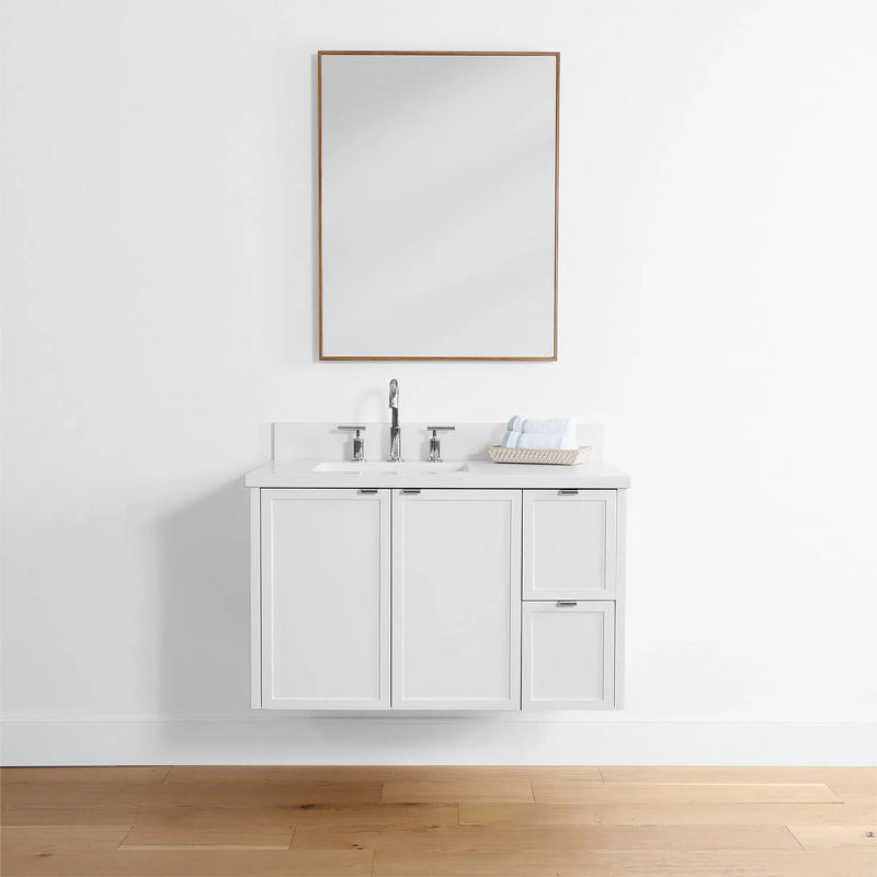 Cape Breton 36" Wall Mount Satin White Bathroom Vanity, Left Sink - Teodor Vanities United States